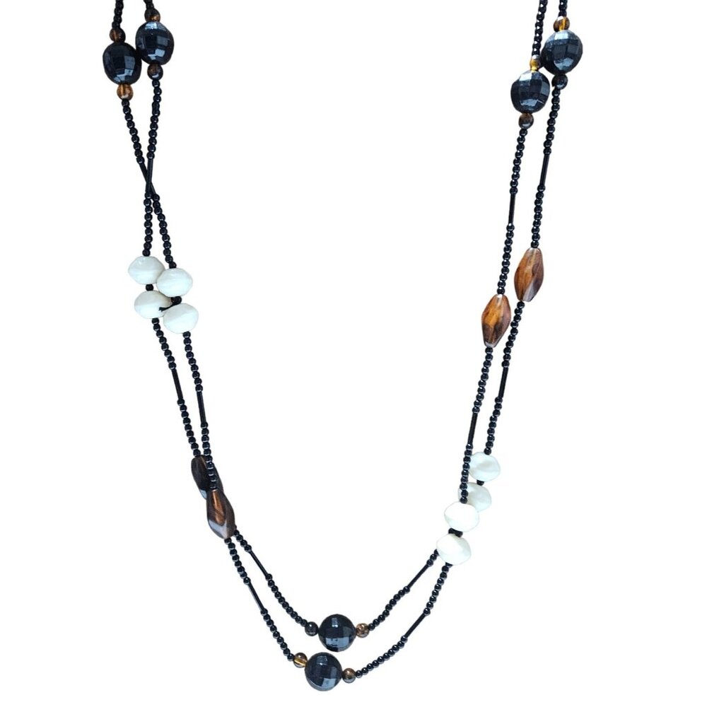 Handmade Boho Chic Black White Beaded Necklace Adjustable Length Jewelry Women